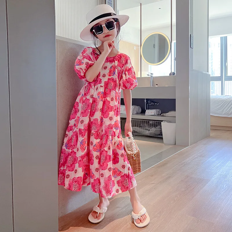 Korean Spring Autumn Children Girl One-piece Dress Elementary Girl Flower Printed Beach Resort Dress School Girl Fluffy Dress