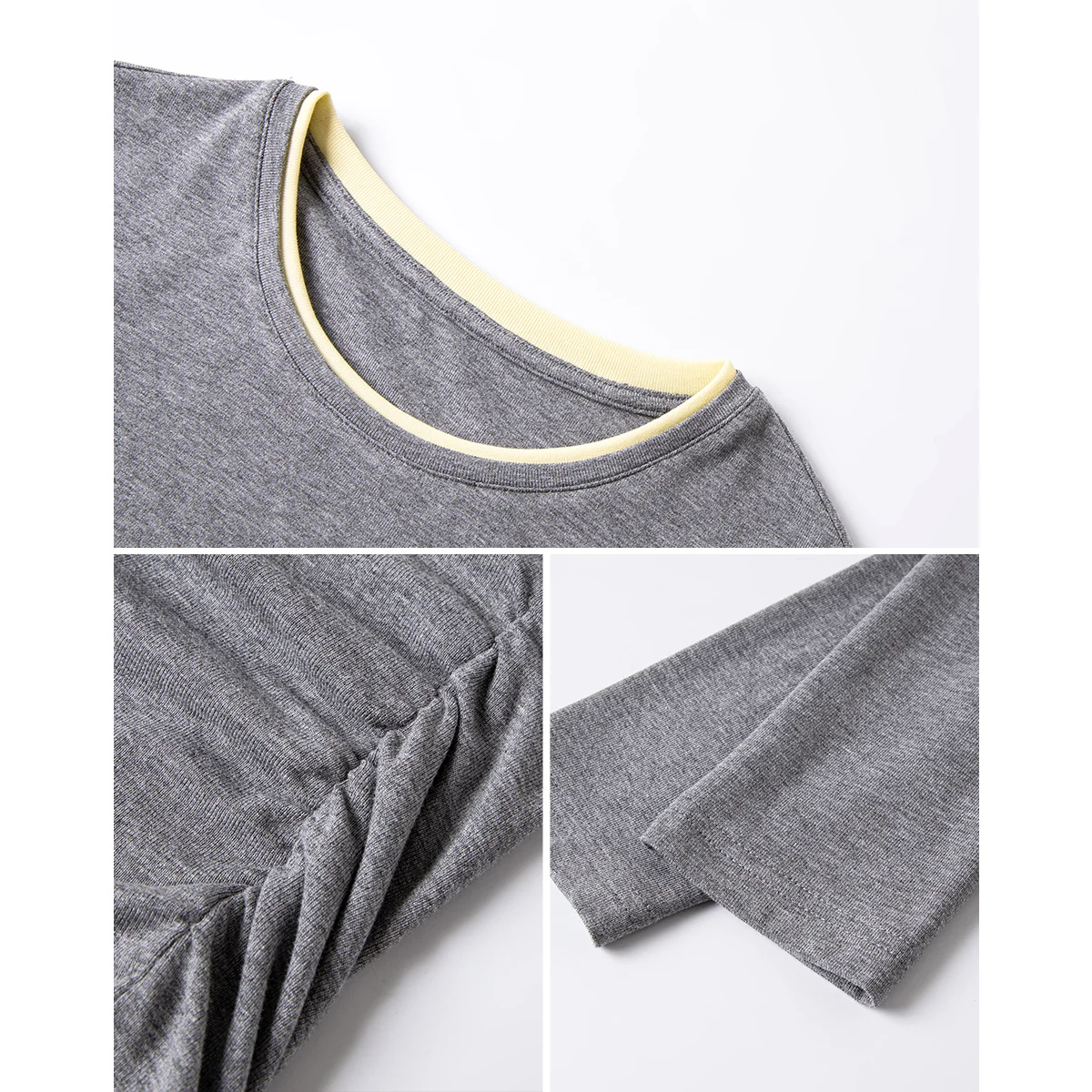 VIMLY Grey Patchwork 2 in 1 T-shirt 2025 Autumn Casual New Long Sleeve Crew Neck Slim Fitting Knitted Tops Female Clothing A1953