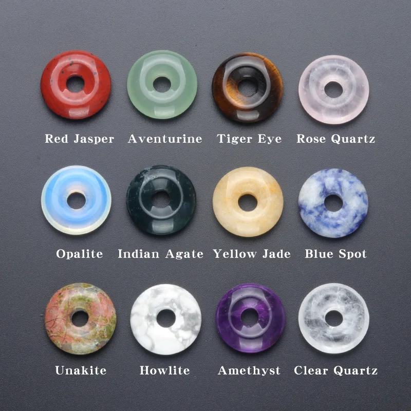 20mm Circle Donut Healing Crystals Stone Pendant Necklace Amulet Lucky Charm Adjustable Braided Rope Necklaces for Men Women