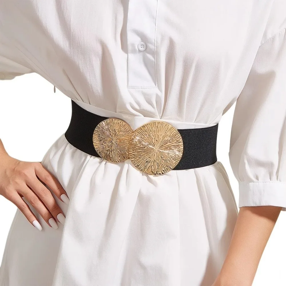 

Solid Color Women Waist Belt Waistband Coat/Dress Accessories Wide Elastic Belt Slimming Chunky-Gold Discs Round Belts