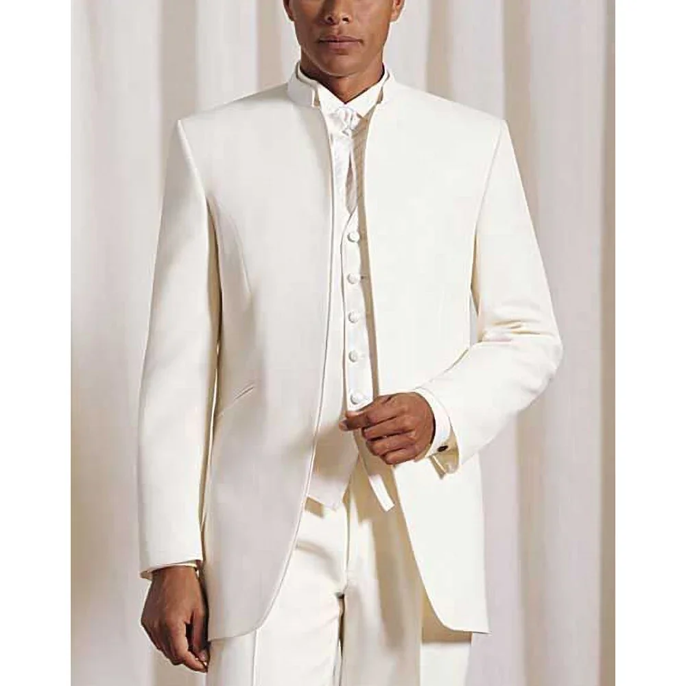 New Suits for Men Solid Color Stand Collar White Male Blazer Fashion Casual Groom Wedding Elegant Suit Slim Fit 3 Piece Set