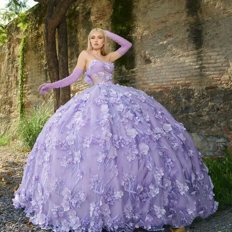 فستان من Lorencia وردي على شكل قلب Quinceanera ، مزين بالخرز ، مزين بزهور ثلاثية الأبعاد ، حلو 16 من Vestidos المكسيكي ، XV Anos YQD401