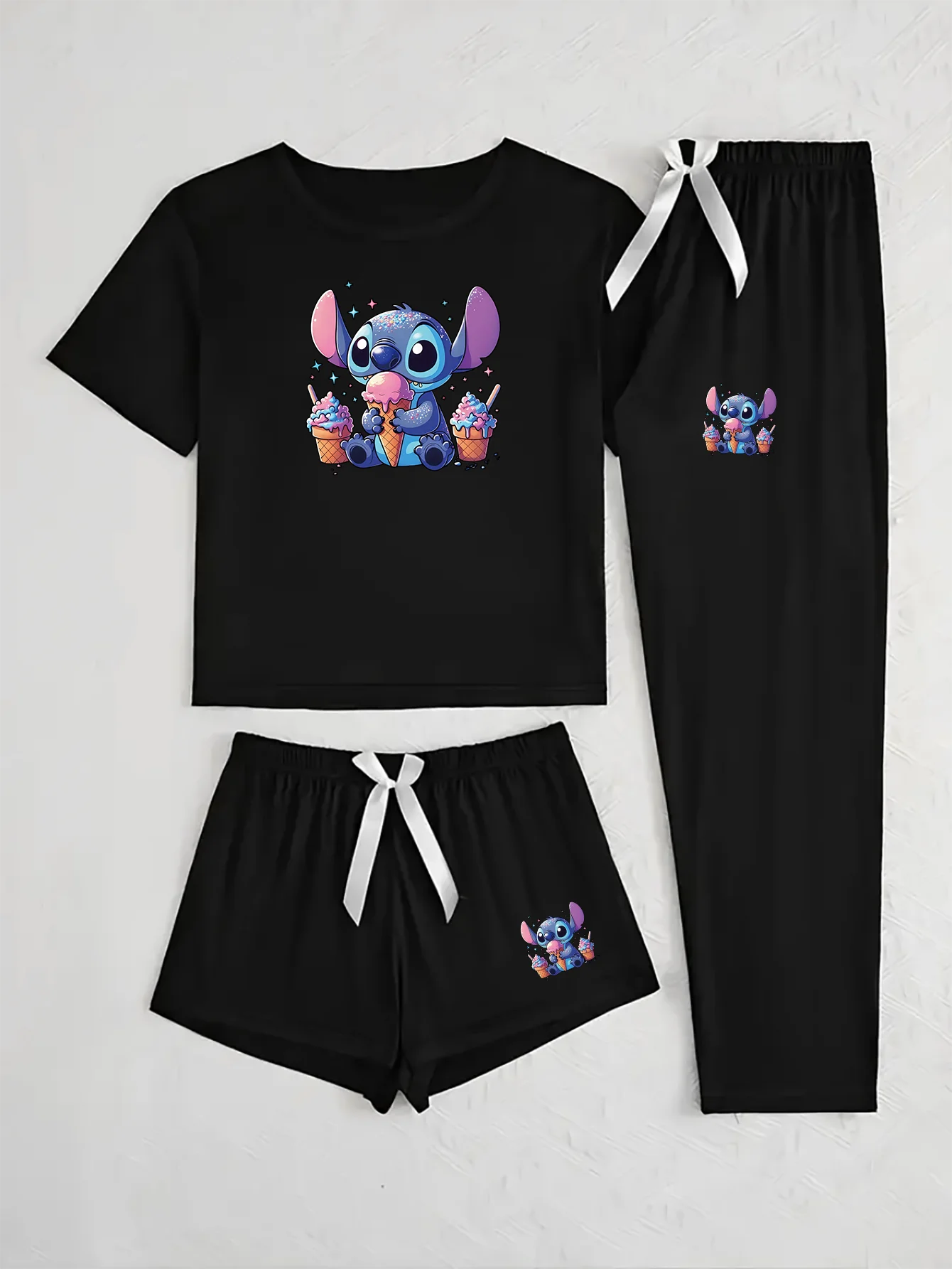 Disney 3 set di pigiami da donna stampati Stitch, compresi top a maniche corte, pantaloncini e pantaloni lunghi.