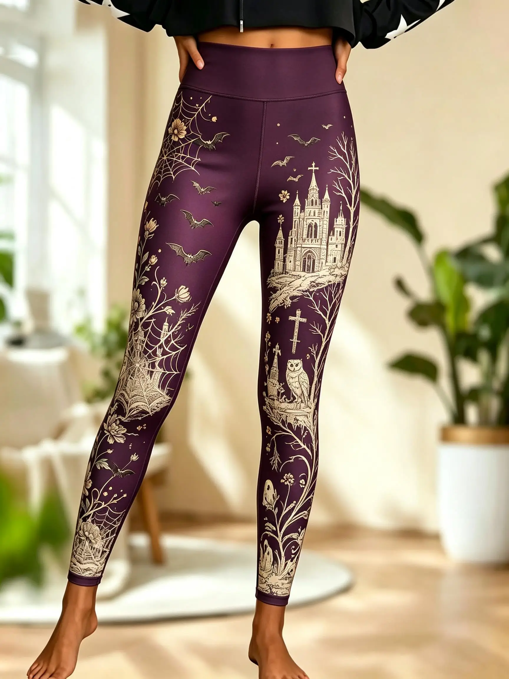 Women Fleece‑lined Mid‑rise Leggings Gothic Castle Owl Bat Print Slim Stretch Pants Halloween Casual Trousers - view 3