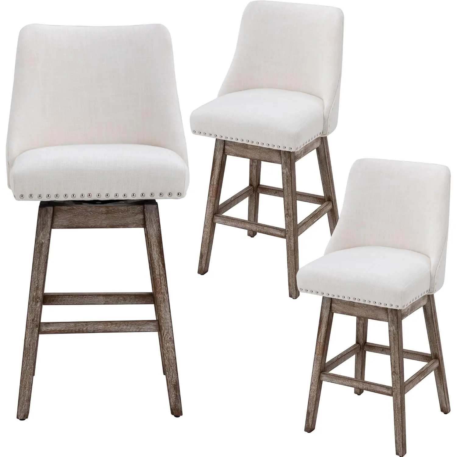 

27.5" Counter Height Bar Stools Set Of 3 For Kitchen Island Linen Stool With Back 360°Swivel Barstools W/Wood Legs, Customized