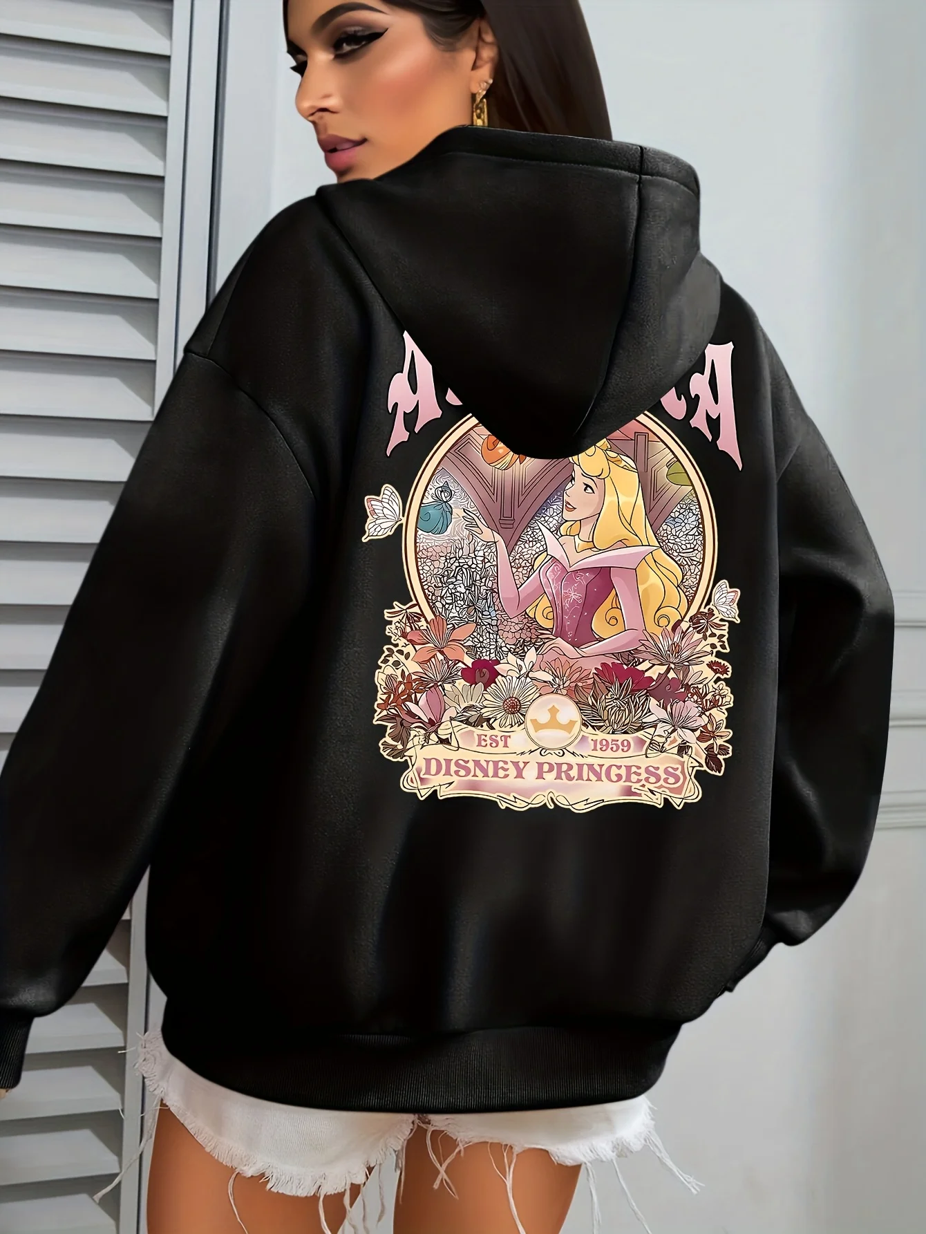 سويت شيرت نسائي بقلنسوة أنيق وجميل من Disney Princess and Fairy Print للخريف والشتاء بسحاب