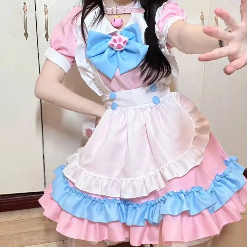 Sweet Pink Maid Dress Kawaii Bowknot Apron Uniform Japanese Cafe Maid Role Play Outfit Anime Cat Girl Cosplay Lolita Costume