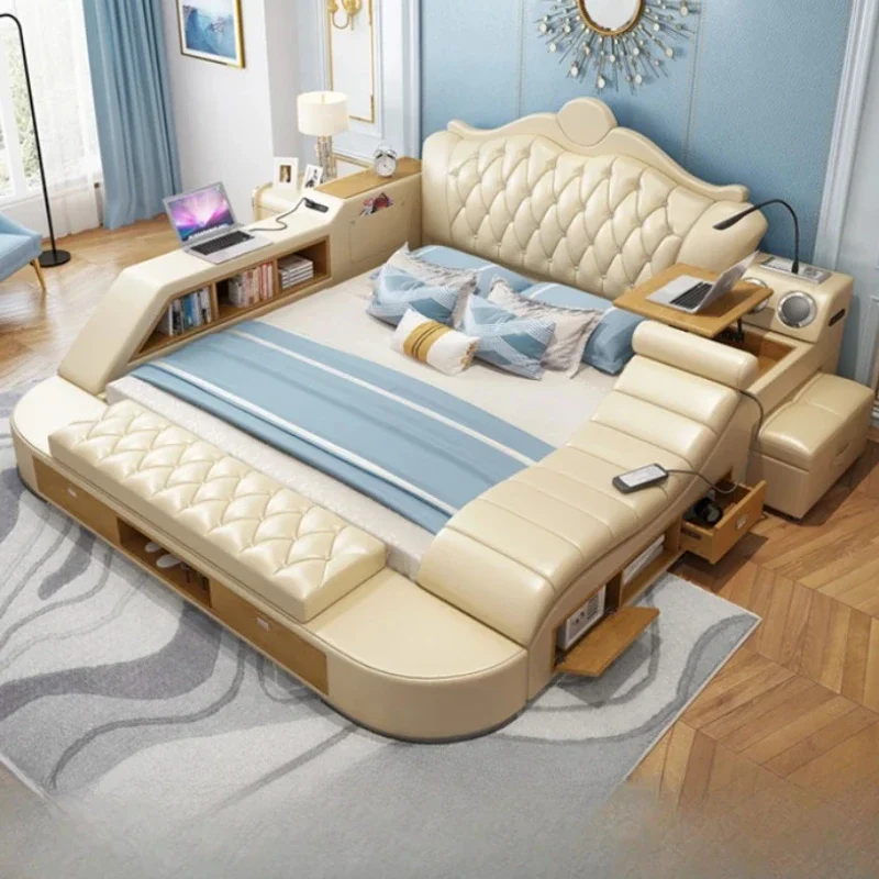 تخزين سرير مزدوج بحجم كوين فريد من نوعه من Nordic Master Princess إطار سرير مزدوج فاخر من الجلد الطبيعي أثاث غرفة Deux Place #4