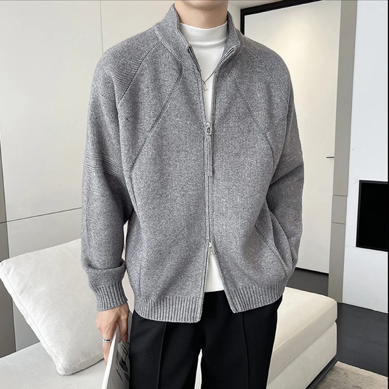 

Solid Color Casual Knitted Cardigan Spring and Autumn Coat, Men's Loose Casual Sweater, Warm, Stand-up Collar Cardigan M-4XL