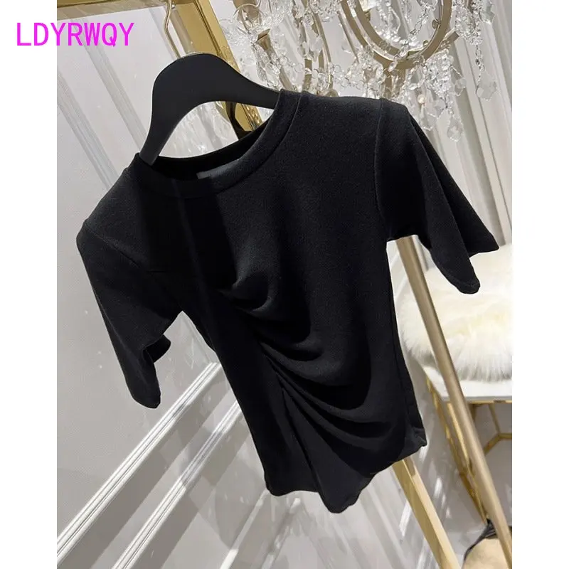 Pink Round Neck Short Sleeve T-shirt Women's Summer 2023 New Fold Waist Split Irregular Top