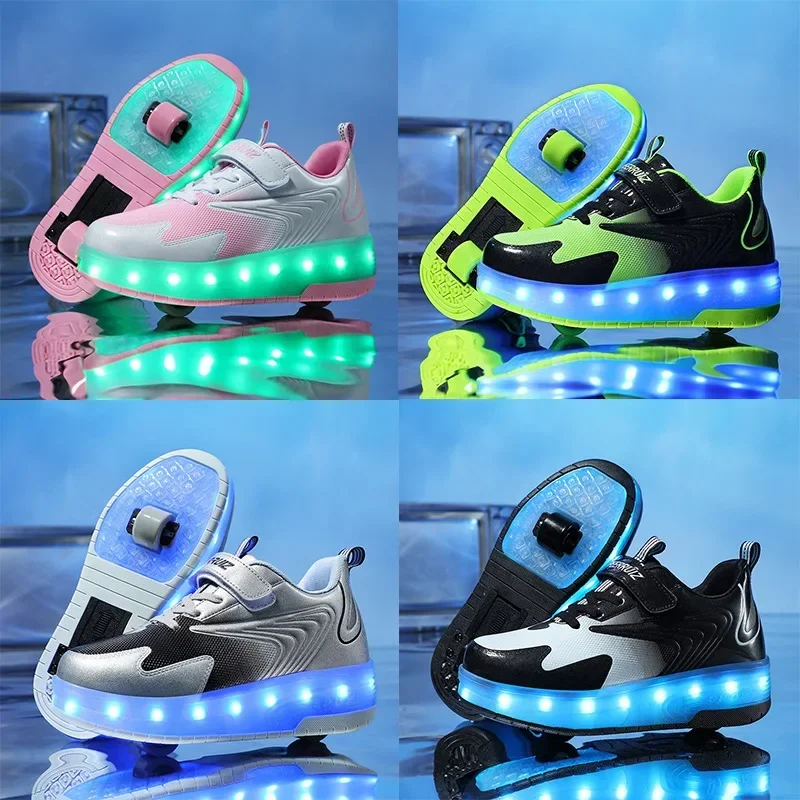 Kids Roller Shoes Removable Wheel Lights Roller Skate Shoe Boys Girls Casual Sneakers Usb Charge LED Flashing Child Sports Shoes