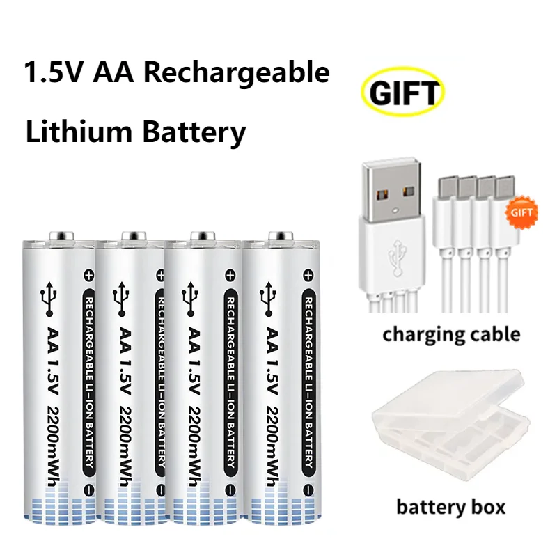 4Pcs AA Lithium Battery 1.5v Constant Voltage 2200mWh Rechargeable Lithium Battery for Flashlight Camera Toys