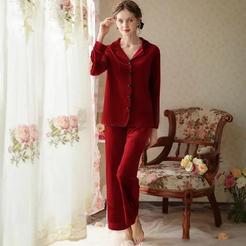 Women Velvet Two Piece Pajama Set Autumn Winter Long Sleeve Sleepshirts Trousers Nightwear Sleepwear Burgundy Red Velour Pyjamas