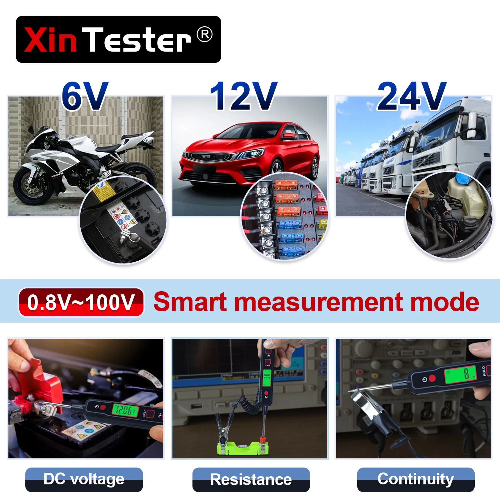 Xin Tester 100V Pen Type Car Voltage Detector Smart Non-Contact Adjustable DC Voltage Backlight Tester XT86A