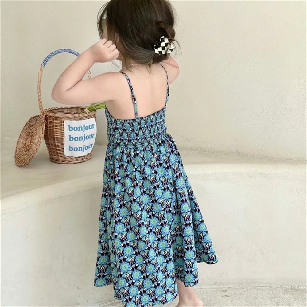 Girls Casual Dresses Girl Summer New Korean Holiday Style Blue Printed Halter Princess Dresses 2-7 Years Baby Girl Clothes