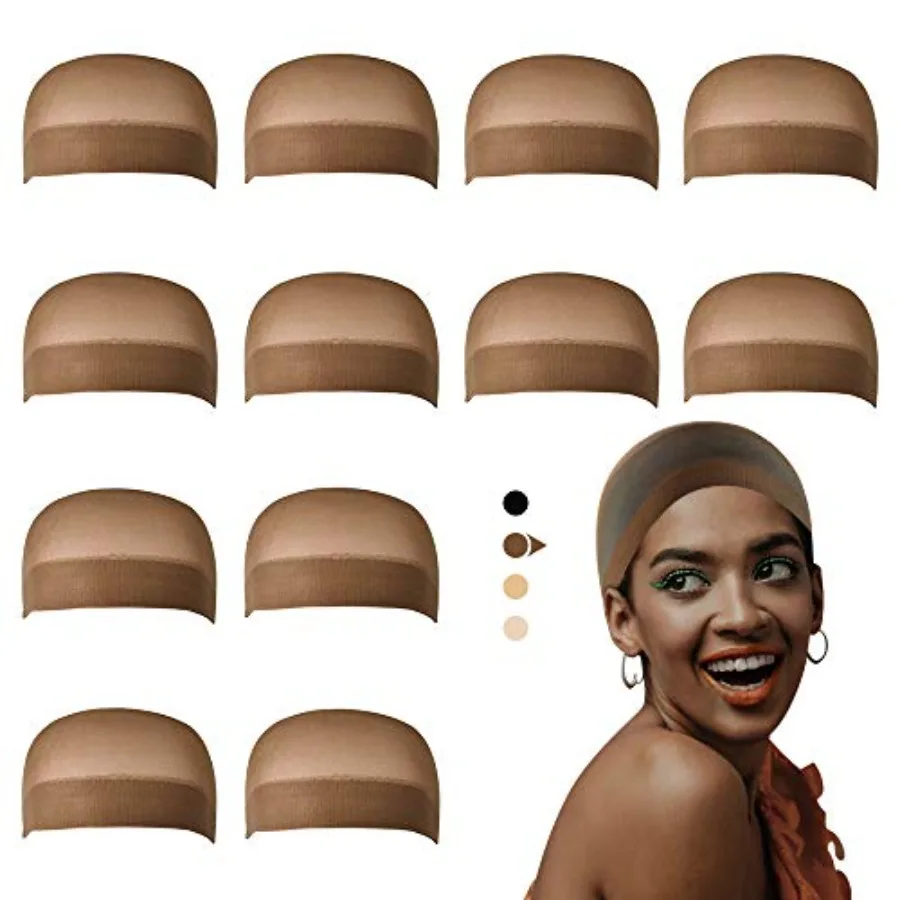 Dreamlover Wig Caps for Dark Skin Women, Stretchy and Soft Nylon Stocking Caps for Wigs, Natural, 12 Pieces
