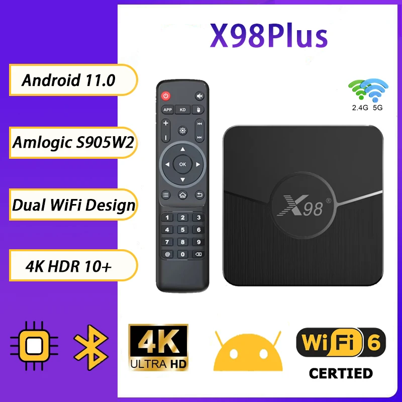 X98Plus Android 11 Smart TV Box Amlogic S905W2 4G64G يدعم H.265 2.4G&5G Dual Wifi BT5.0 مشغل الوسائط X98Plus Set Top Box
