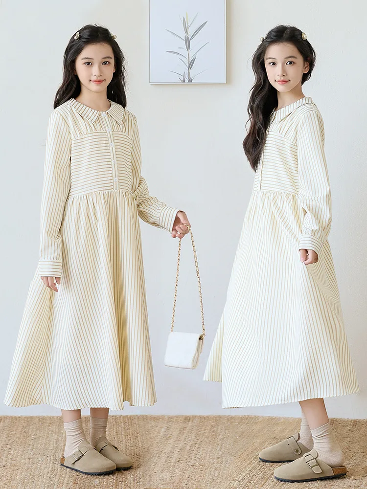 

Полосатое платье с длинными рукавами для девочек на весну и осень2025Новое стильное детское свежее платье для маленьких девочек