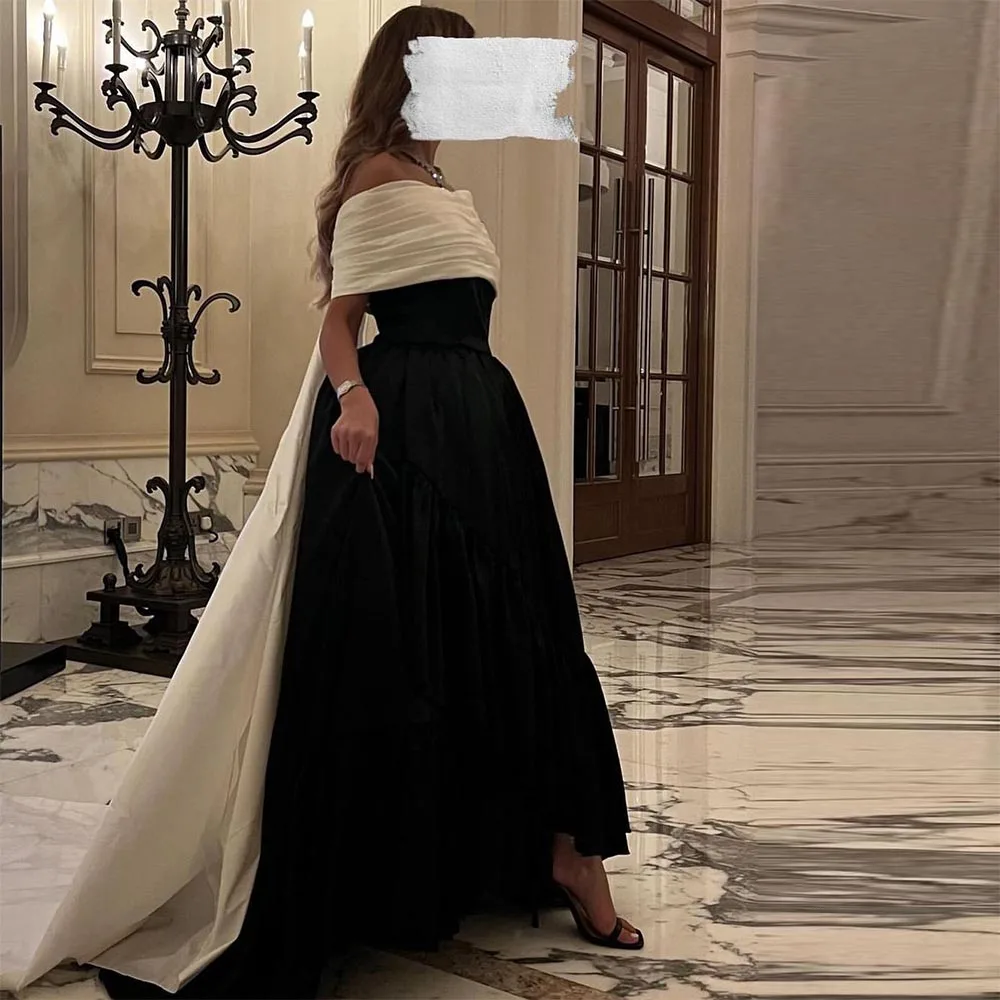 

Sevintage Ivory and Black Saudi Arabic Long Evening Dresses Off the Shoulder Pleat Ruched A-Line Prom Dress Wedding Party Gown