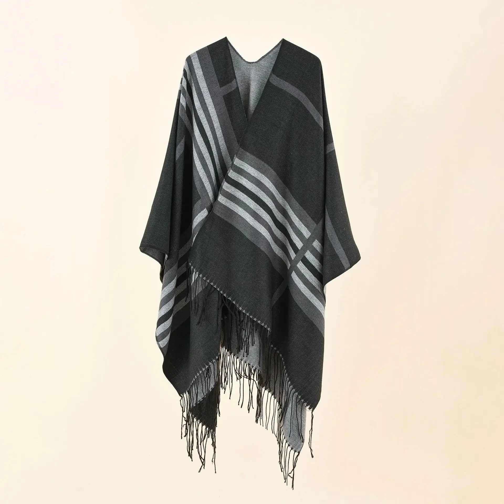 2024 Autumn Winter New Large Plaid Stripe Pattern Imitation Cashmere Warm Casual Women Shawl Tassels Poncho Capes Coat Coffee