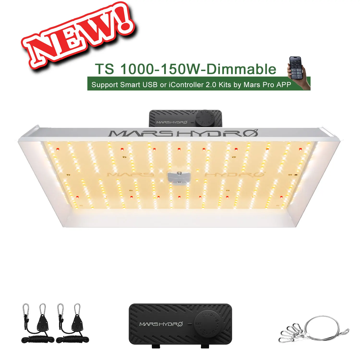 Lámpara de Cultivo LED Mars Hydro TS 1000 de 150W, Regulable, Espectro Completo, para Plantas de Interior | Lámpara para Cultivo en Interior de Alto Rendimiento PPE 2.3 µmol/J con Regulador de