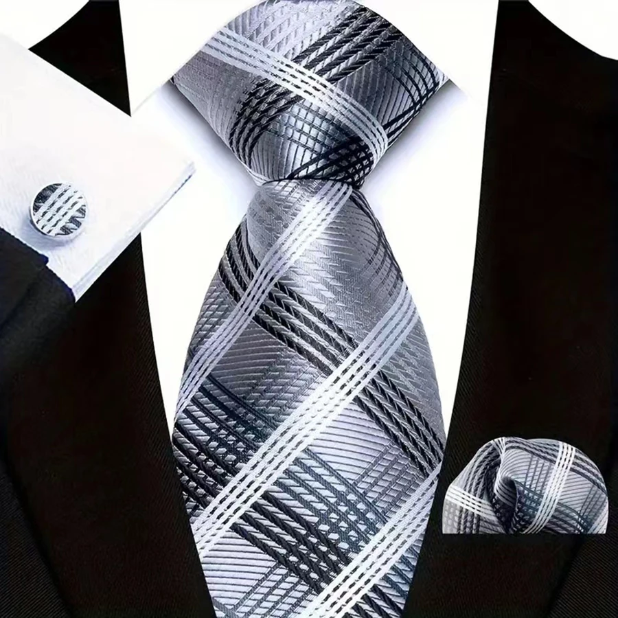 Luxury Mens Tie Jacquard Striped Plaid Checks 8CM Necktie Pocket Square Cufflinks Set for Male Men Wedding Business Party