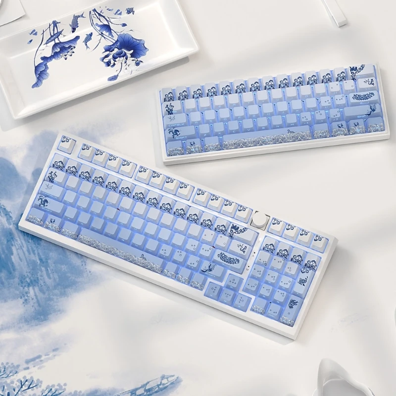 108/135Keys ชุดปุ่มกด PBT หนาพอร์ซเลนสีฟ้าและสีขาวปุ่มกด Double Shot