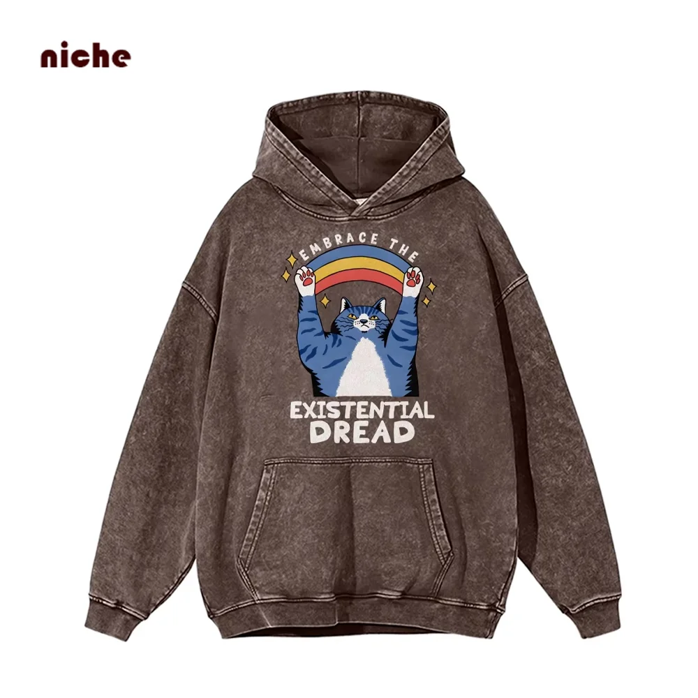 Vintage Neutral Style Hooded Sweater Shoulder Cute Rainbow Kitten Print Oversize Trend Fashion Designer New Hoodie Sweatshirt