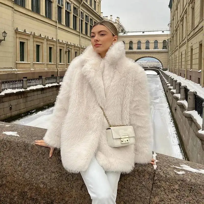 

Fashion Fluffy Furry Faux Jacket Women Winter Shaggy Overcoats Thick Warm Medium Length Fox Fur Coat Plush Outerwear Femme