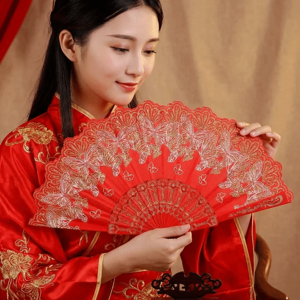 Handheld Chinese Style Folding Fan Butterfly Pattern Exquisite Decorative Fan Lace with Fan Ring Hand Fans Wedding Party Decor