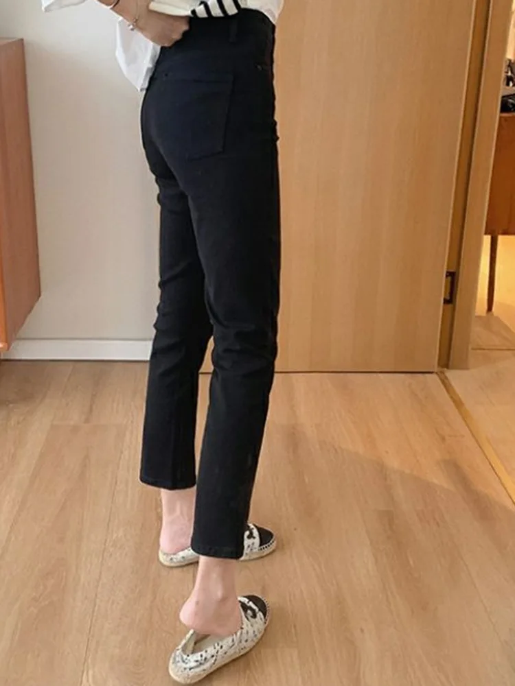 Primavera estate nuovi pantaloni in Denim dritto a vita alta Casual Office Lady Jeans stretti Edition ragazze pantaloni a gamba dritta neri puri