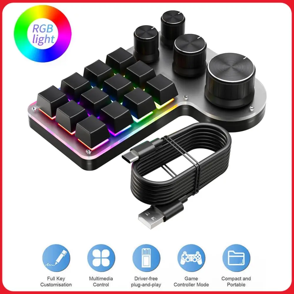 12 Keys 4 Knobs Programming Macro  Keyboard RGB USB Wired/Bluetooth-Compatible Copy Paste Mini Button for Gamers/Designers