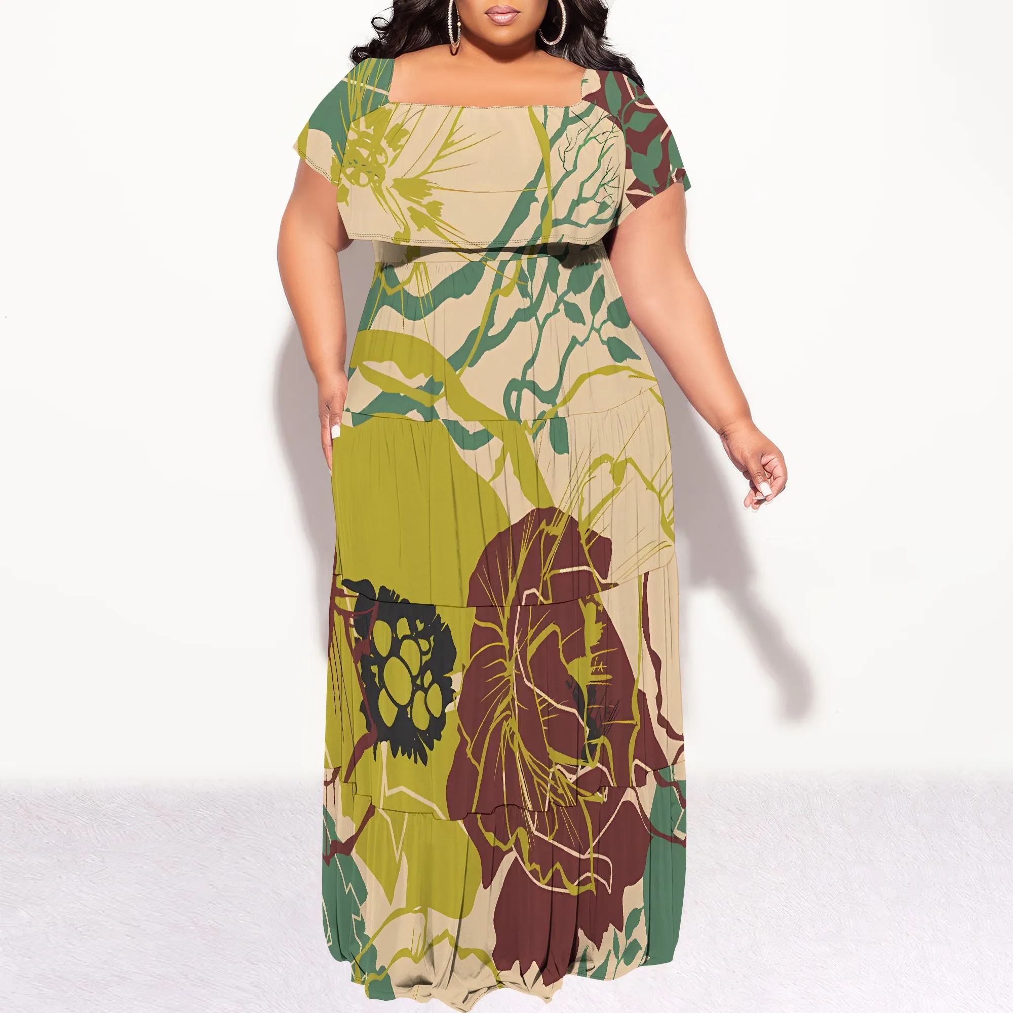 Plus Size Off Shoulder Maxi Dress Boho Abstract Floral Print Holiday Style Summer Wear