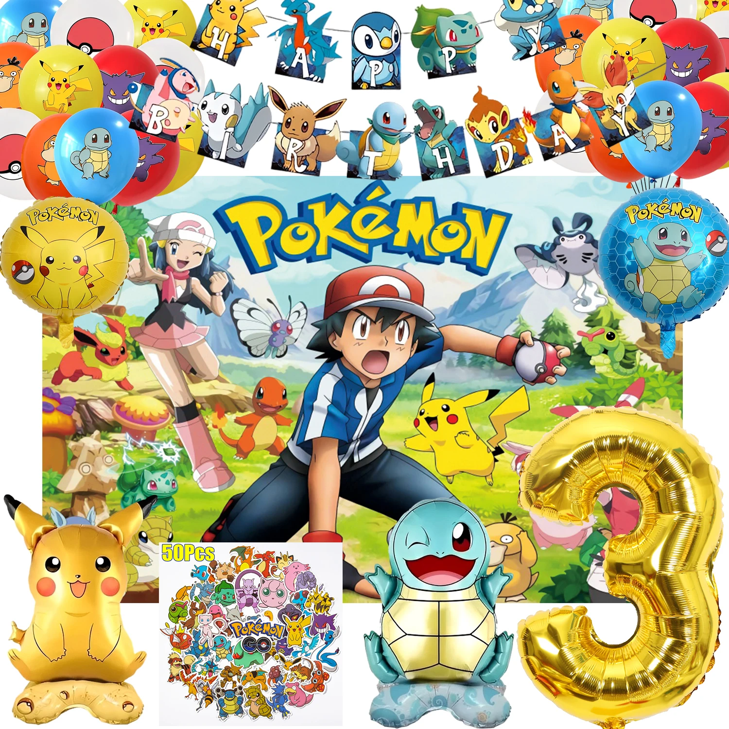 Pokemon Birthday Decorations Pikachu Background cloth, balloon stickers digital balloons 1-9 festival party decorations Supplies