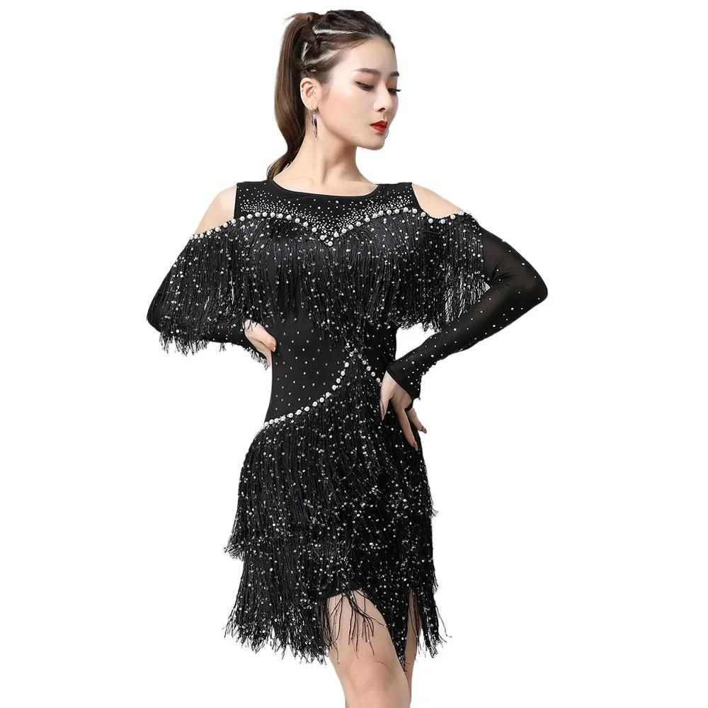 

Sexy One-Piece Latin Dance Dresses Off Shoulder Samba Sling Stretchy Dress Long Sleeves Fringes Competition Costume