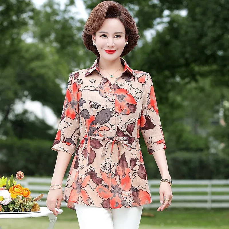 Plus size Middle-Aged Elderly Female Blouse Spring Summer long Shirt Womans Mother Ladies Coat Seven Sleeves Collared Shirt Tops