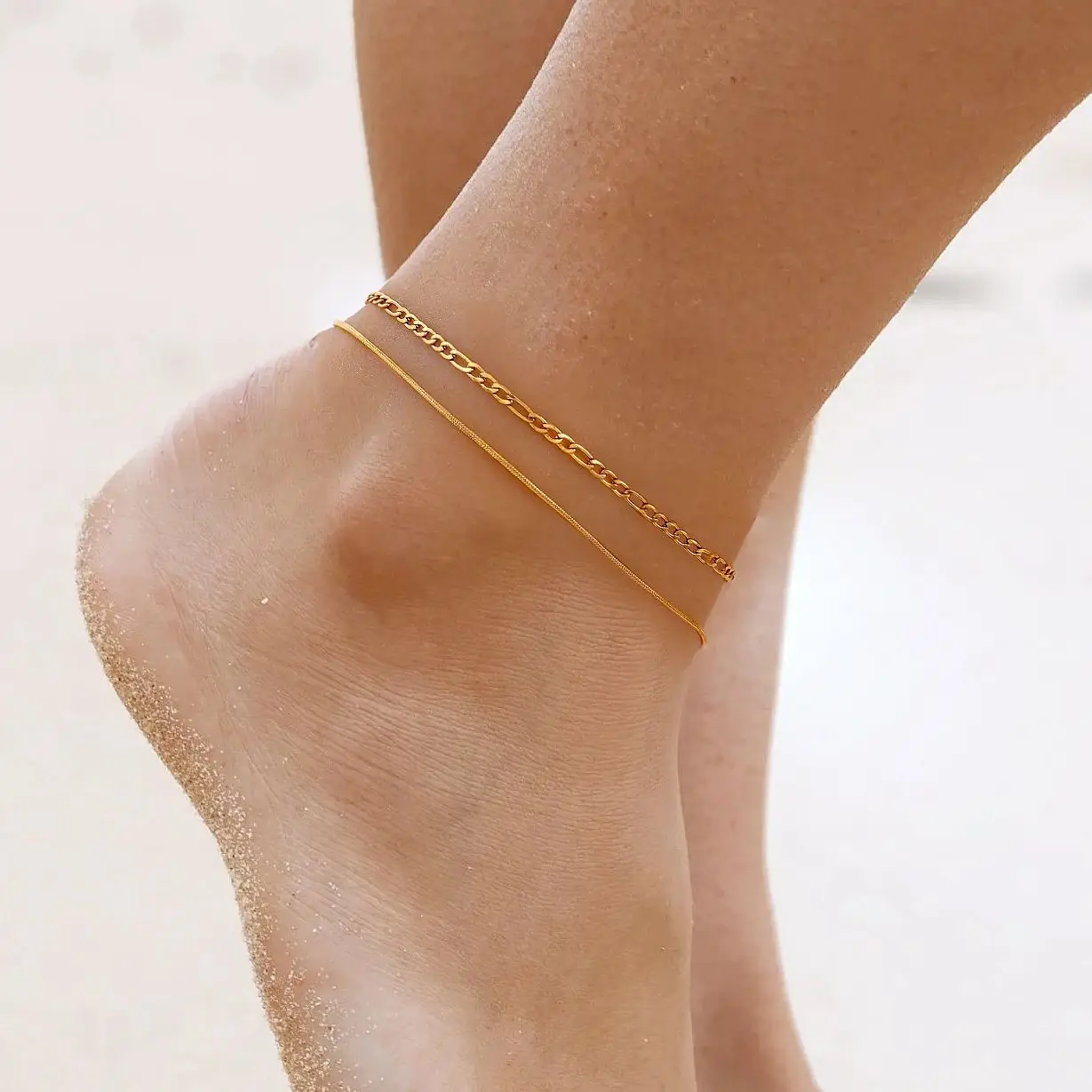 Dainty 18k Gold Plated Stainless Steel Anklet For Women Waterproof Layered Snake Figaro Thin Chain Anklets Summer Jewelry Gifts