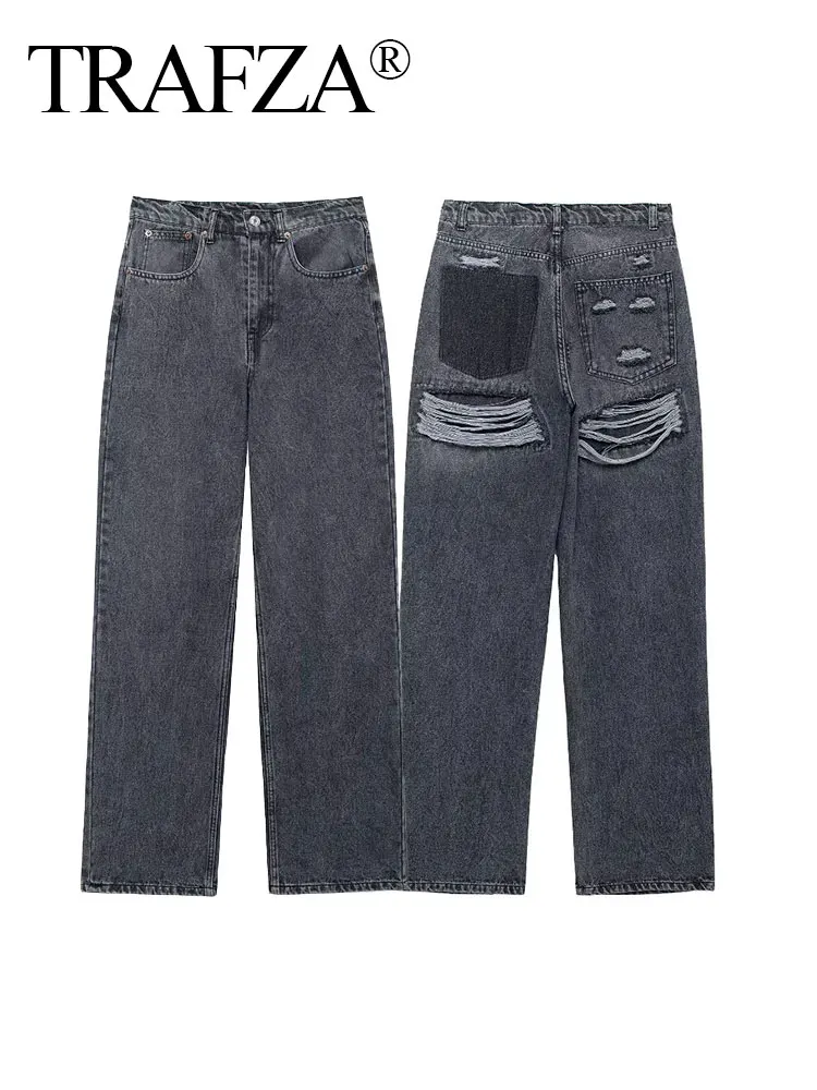 TRAFZA 2024 Damska moda uliczna Denim Niebieskie dżinsy Distressed Patchwork Wysoka talia Zamek błyskawiczny Fly Ripped Retro Długie spodnie