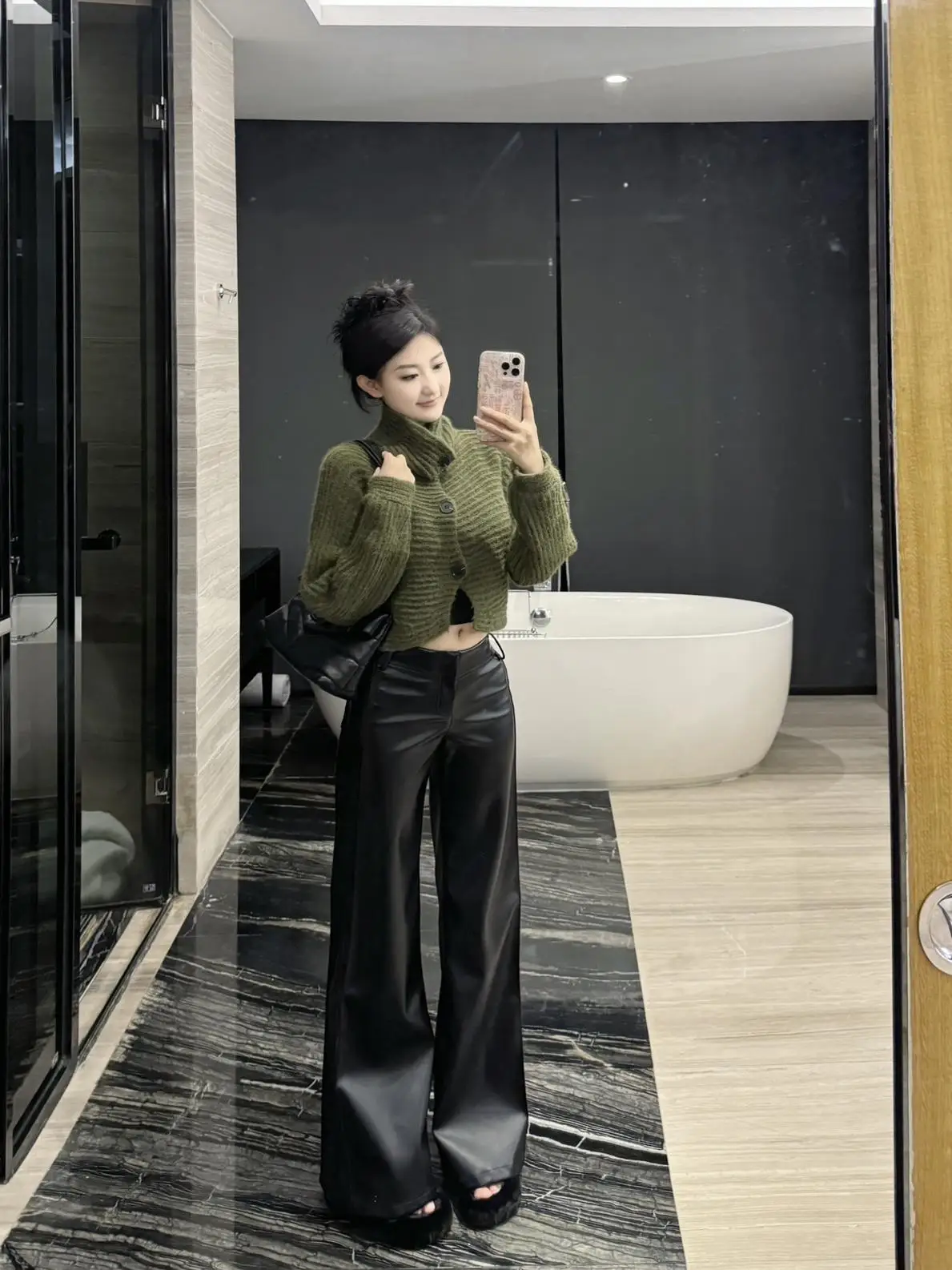 

Sli Bla Кожаные брюки Женские широкие модные утягивающие брюки прямого кроя с низкой талией для всего тела pes