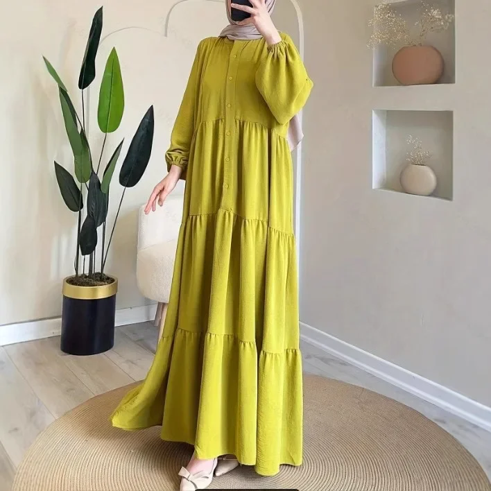 

Abaya Fashionable Muslim Women's Long Robes, Saudi Arabia New Styles of Lantern-sleeved Dresses with Solid Color Lace-up Waist