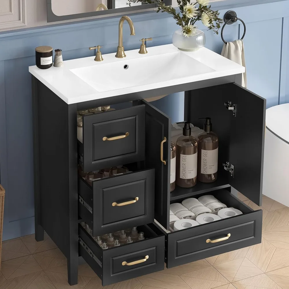 

36" Bathroom cabinet with Resin Sink Set, Multi-Functional Storage Cabinets w/Soft-Closing Drawers and Doors, Bathroom cabinet
