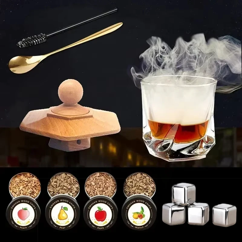 Kit para ahumador de cócteles, ahumador con capucha de madera ahumada para whisky con 4 astillas de madera de sabor para bebidas, accesorios de Bar de cocina, herramientas