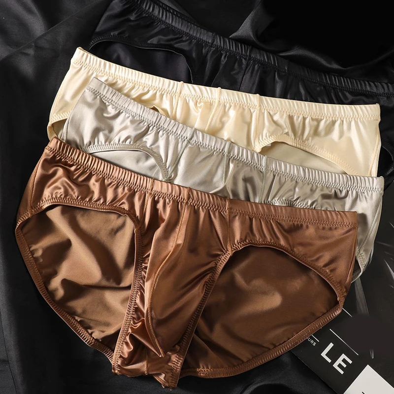4pcs Mens Briefs Shinny Satin Bulge Pouch Smooth Low-rise Underwear Male Solid Elasticity Underpants Breathable Panties Big Size