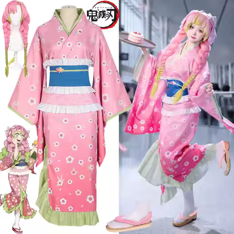 Kanroji Mitsuri Cosplay Costume Pink Kimono Dress Shoes Demon Anime Outfits Halloween Carnival Party Disguise Women Cos Suits