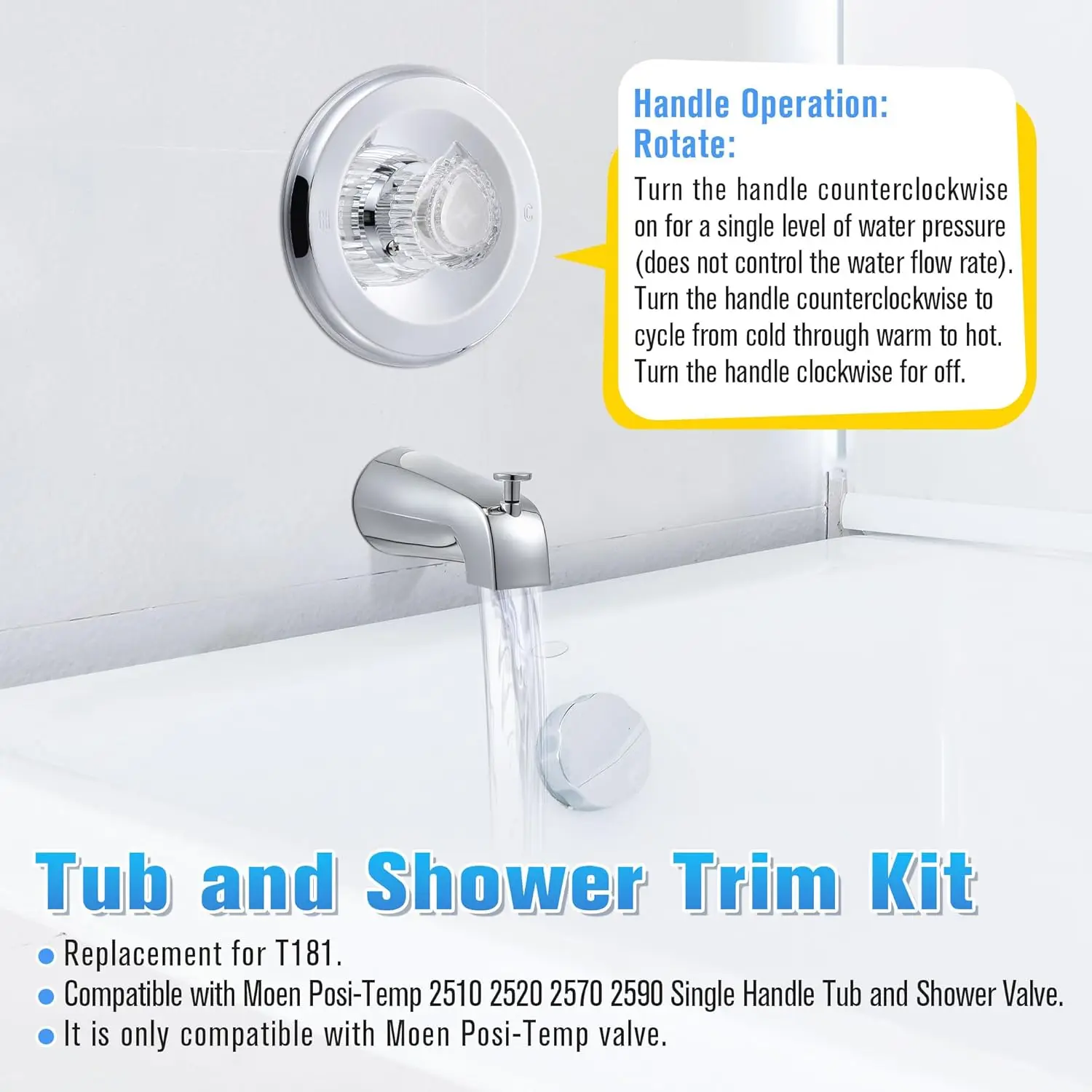 Tub & Shower Trim Kit for Moen/Posi-Temp 2510-2590, Chrome Finish