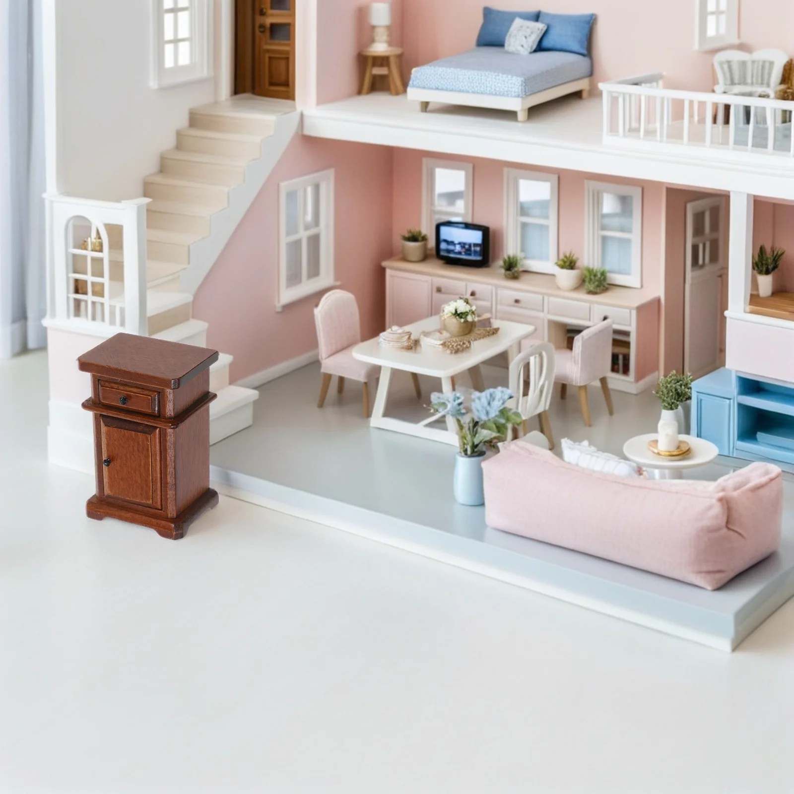 미니 침실 가구 침대 옆 드레서 테이블 나무 인형 집 나무 스탠드 액세서리 소형 장식