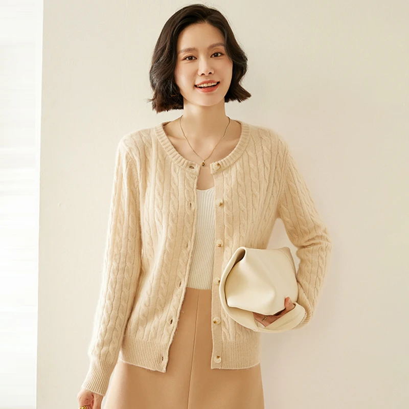 Col rond câble tricot bouton Cardigan décontracté polyvalent 2025 femmes doux pull printemps automne hiver femme hauts 100% cachemire hauts