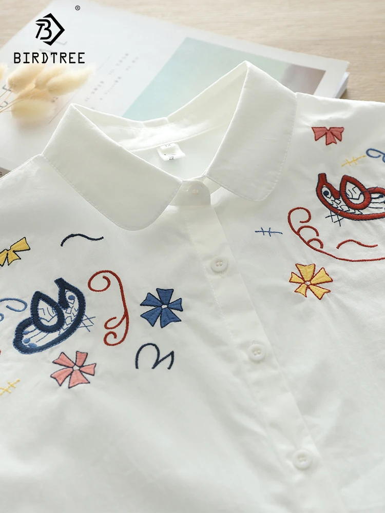 New Autumn Cotton Embroidery Shirt Women Lapel Commute Tops Girl Long Sleeve Loose Age reduction Blouses 2024 Spring T419109QC