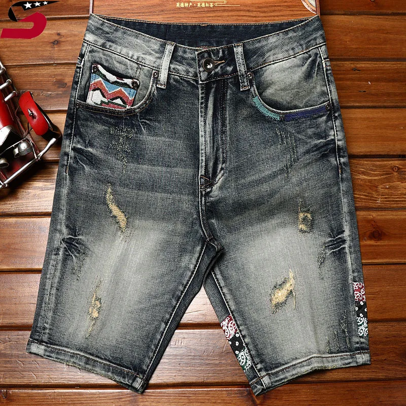 男性用刺denimプリントデニムショーツ,レトロスタイル,スリム,ストレッチ,レジャー,ストリート,夏