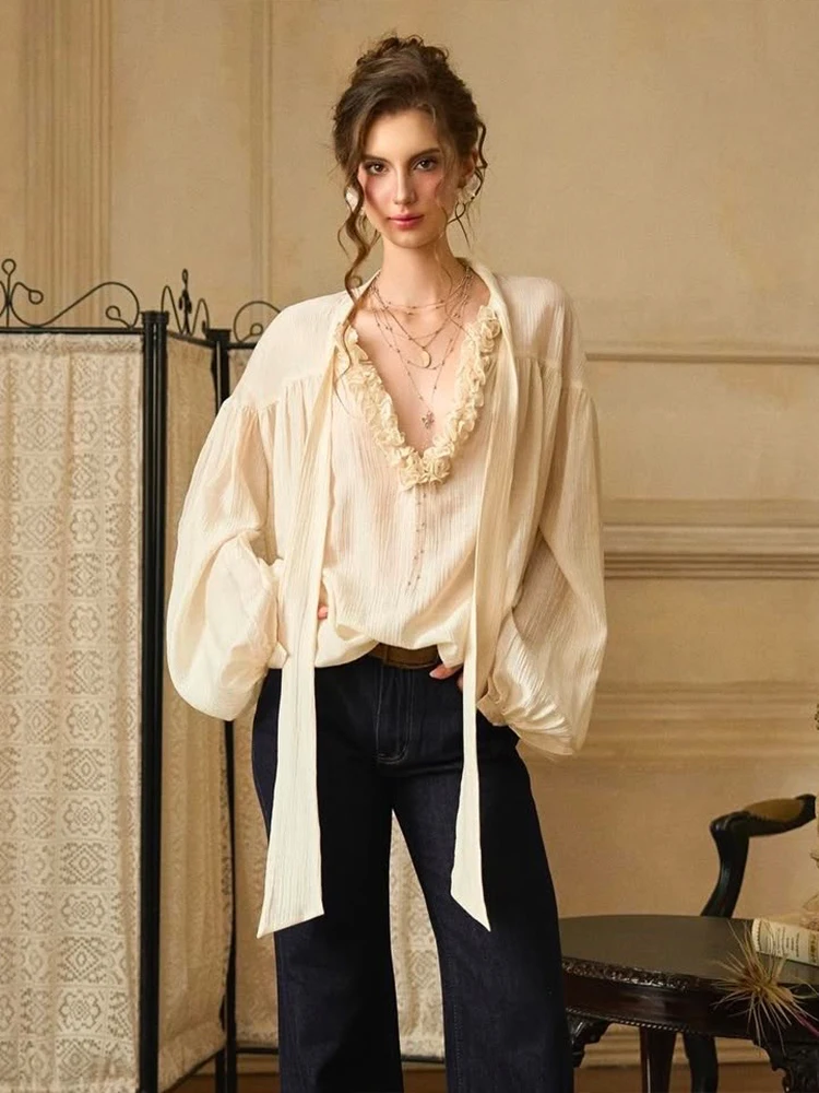 

Weird Puss Elegant Tassels Blouse Women v-Neck Fungus Lace Up Long Lantern Sleeve See Through Sexy Autumn Hipster Midnight Tees